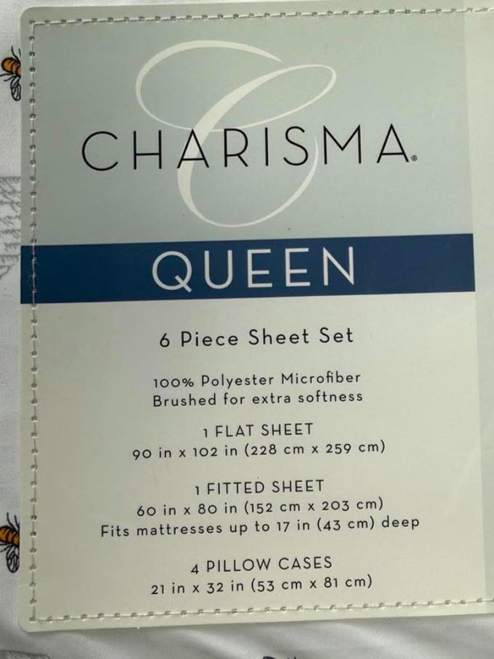 New NWT Charisma Sheet Set, Queen Honey Bee Hive Theme White Microfiber Brushed - Picture 7 of 9